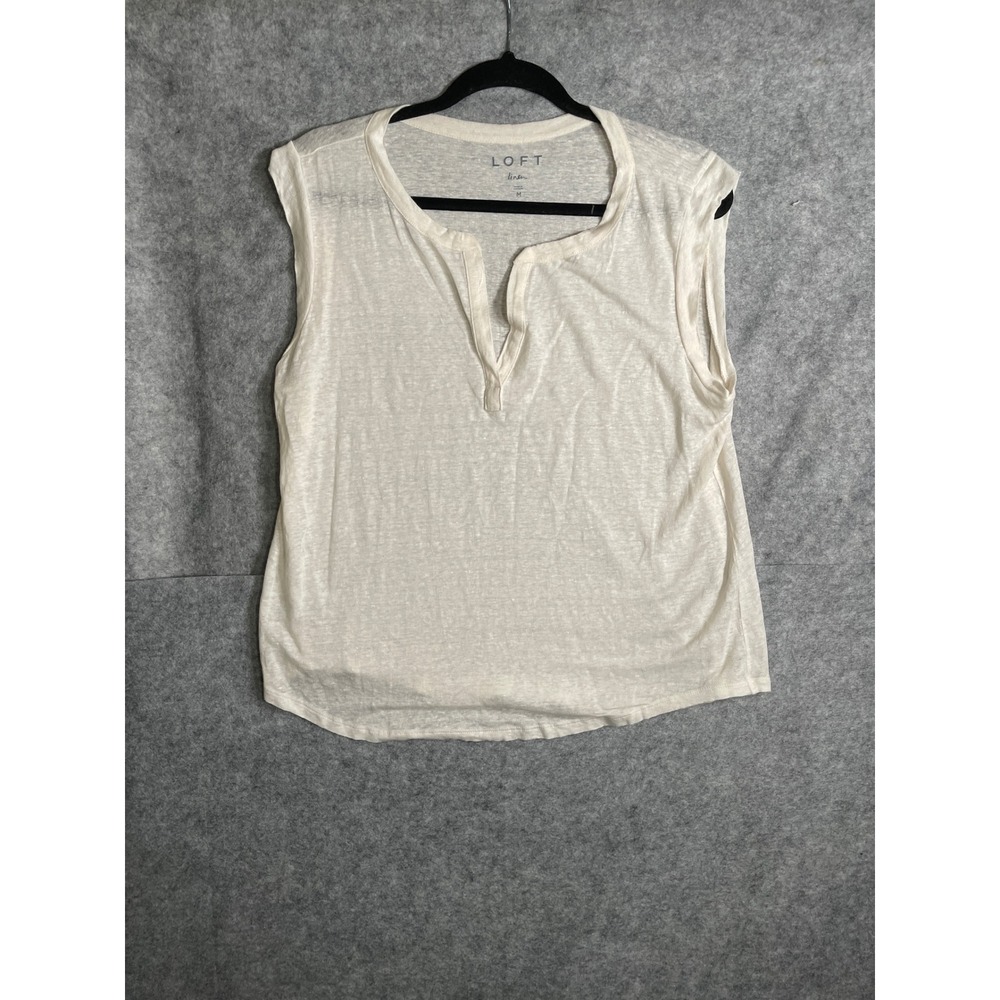 LOFT Linen Blend Sleeveless Split Neck Top White Slub Knit M